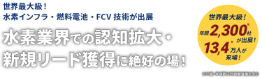 世界最大級！ 水素インフラ・燃料電池・FCV技術が出展　水素業界での認知拡大・ 新規リード獲得に絶好の場！